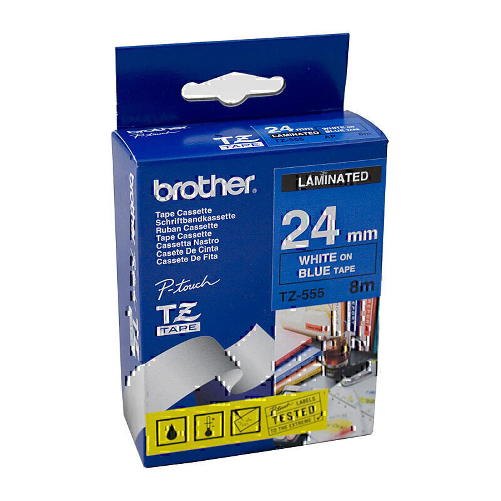 Hermano Laminado White sobre cinta de etiquetado azul