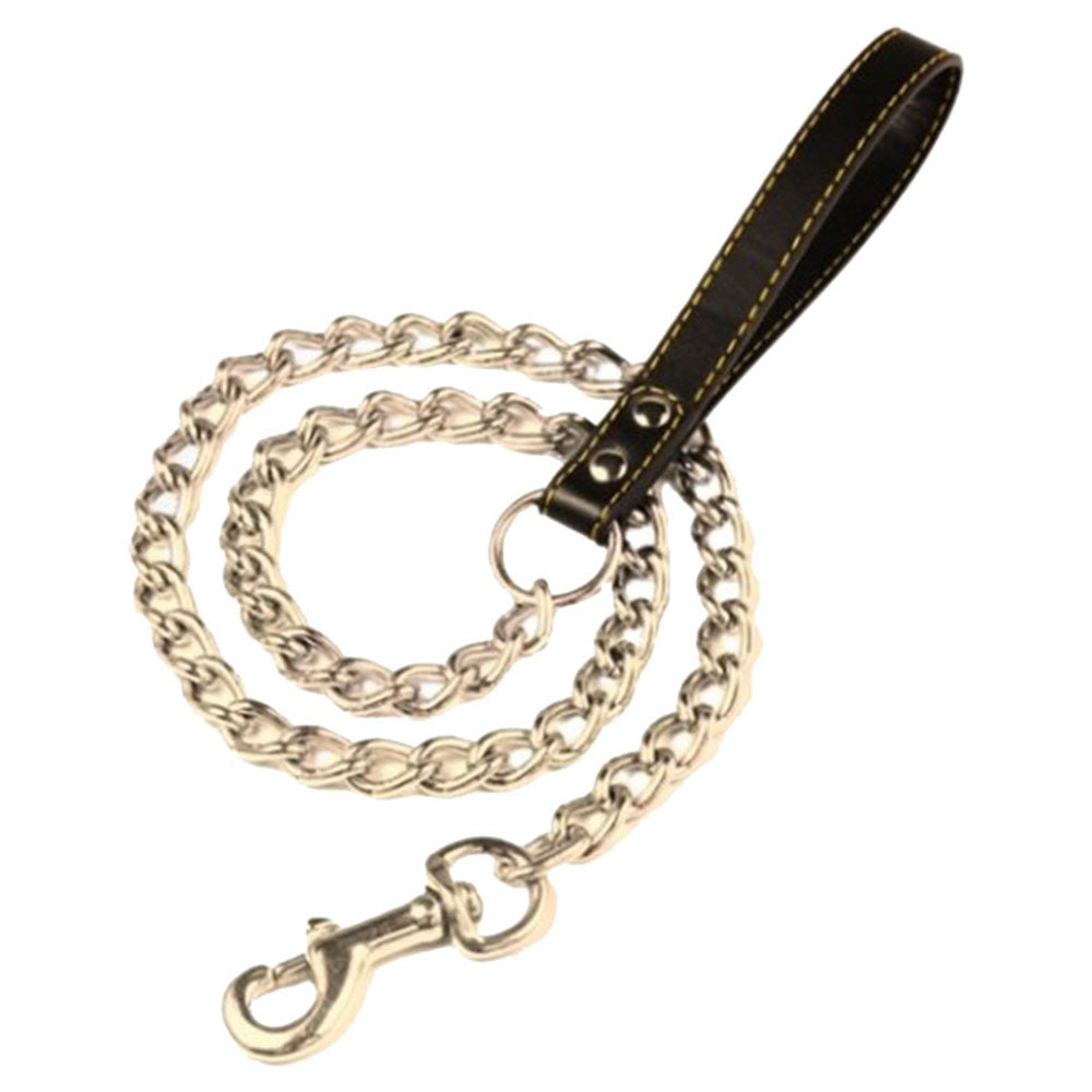 Elite Pet Chrome Chain Lead met lederen handgreep