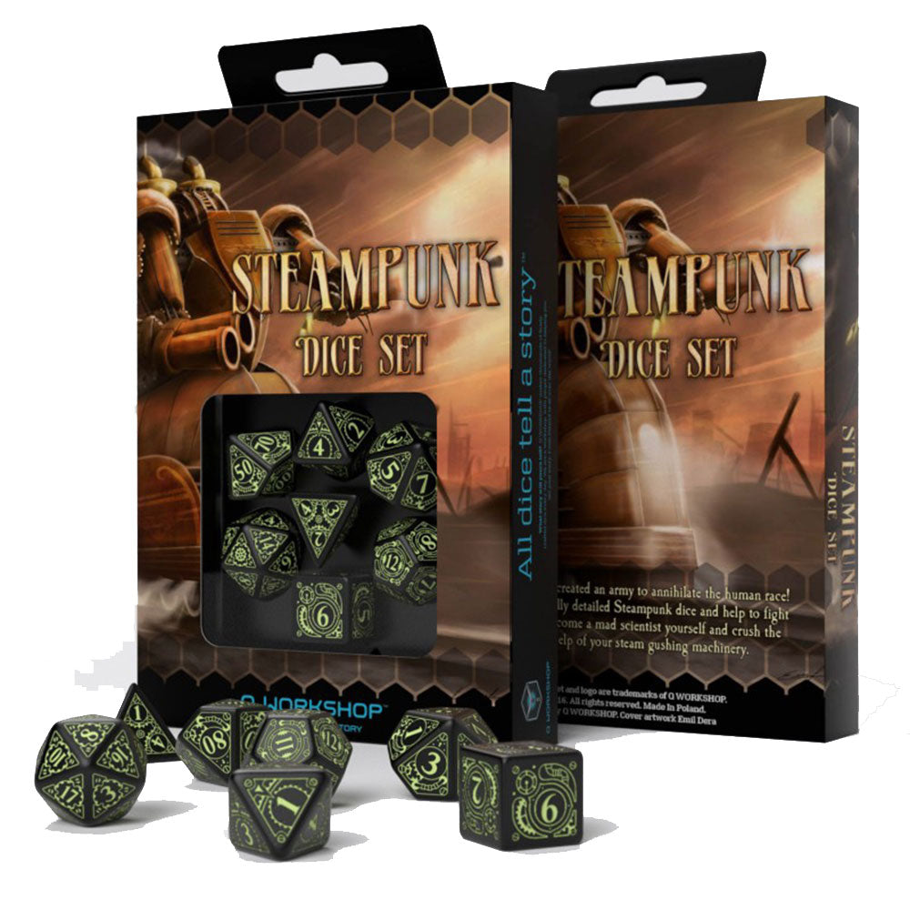 Q Workshop Steampunk Black & White Glowing Dice (Set of 7)