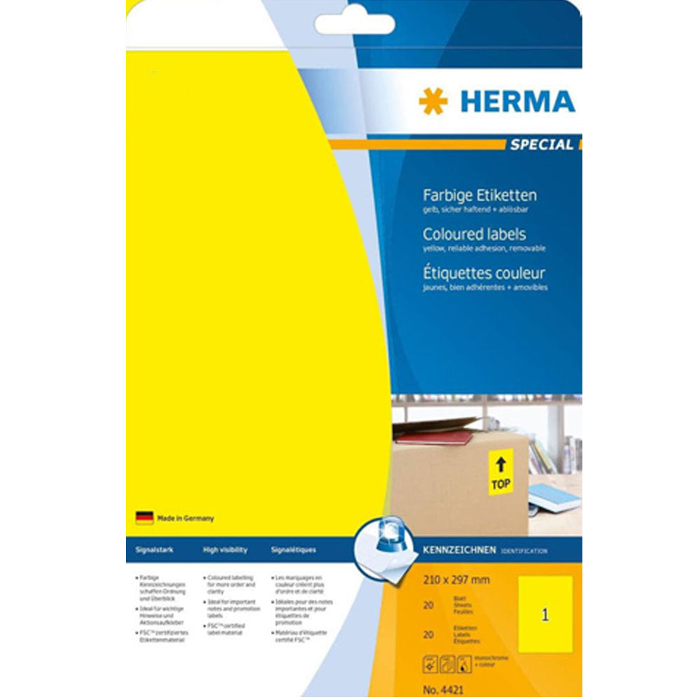 Herma avtagbar färgade etiketter A4 20 st (210x297mm)