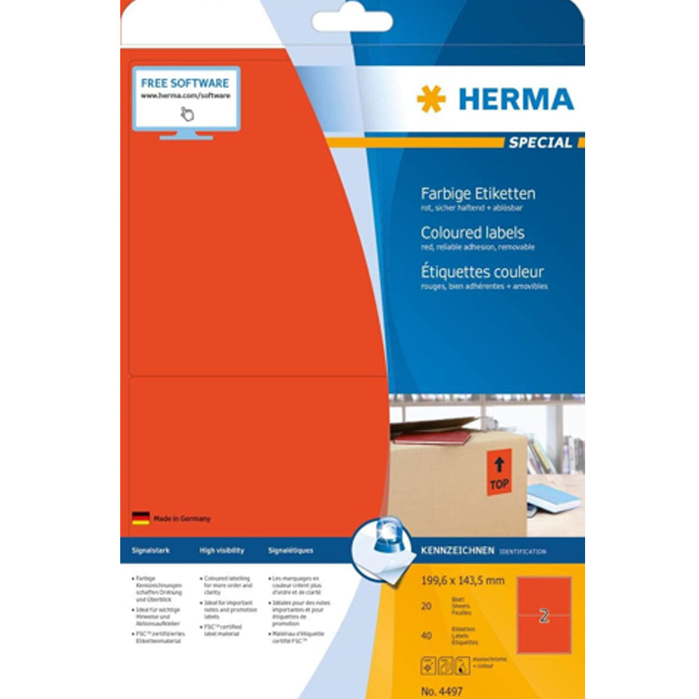 Herma aftagelige farvede etiketter A4 20pc (199.6x143.5mm)