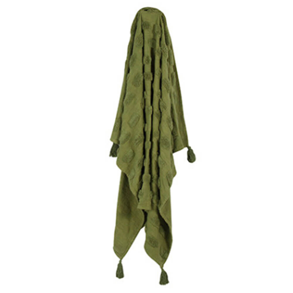 Piol Olive Green Cotton Throw w/ Tassle＆Tufting