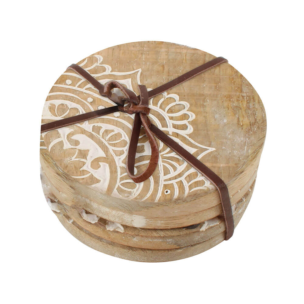 Peace Mango Wood Round Coasters Set of 4 (Large 10x10x4cm)