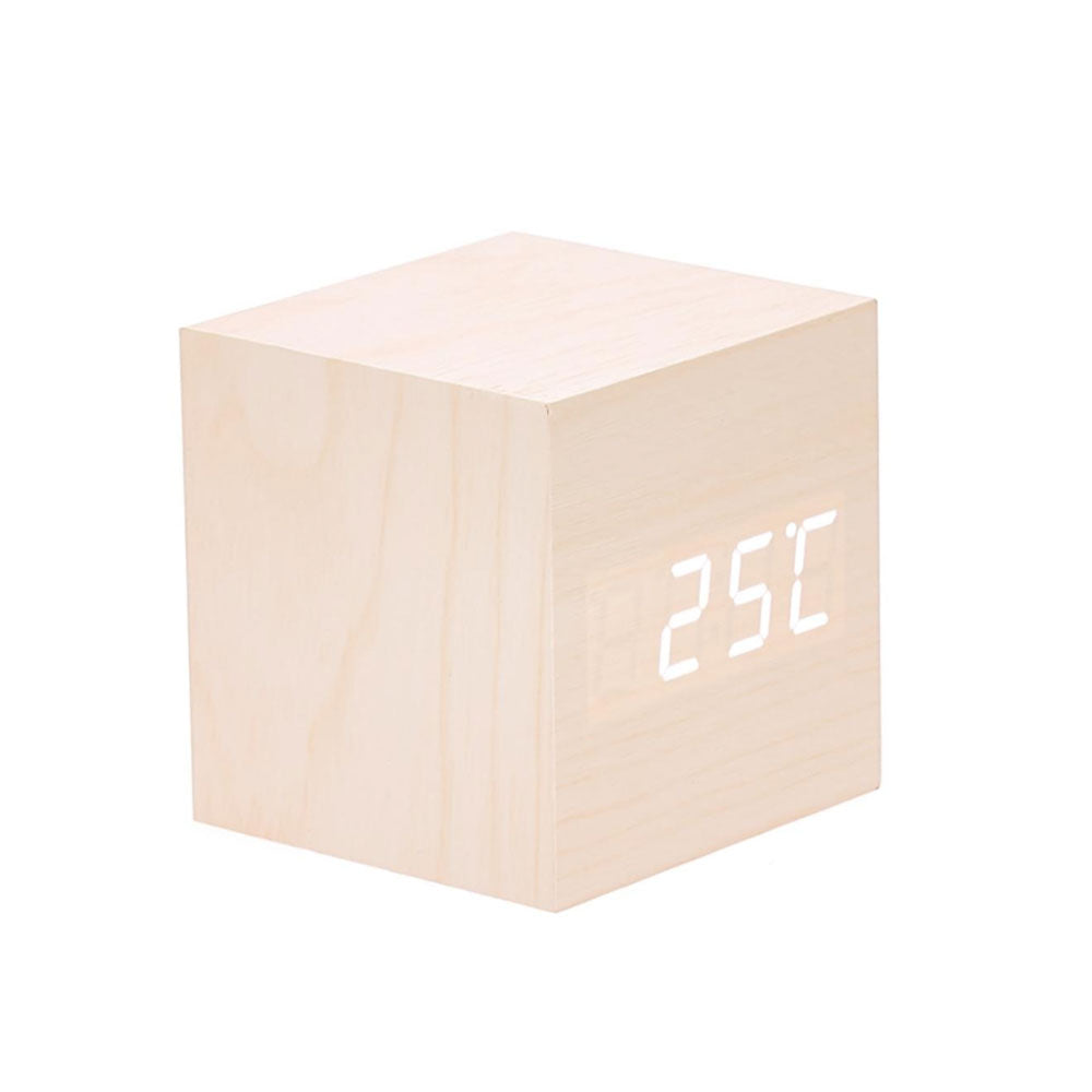 Reloj de escritorio de cubo de madera LED con pantalla Temp/ Date